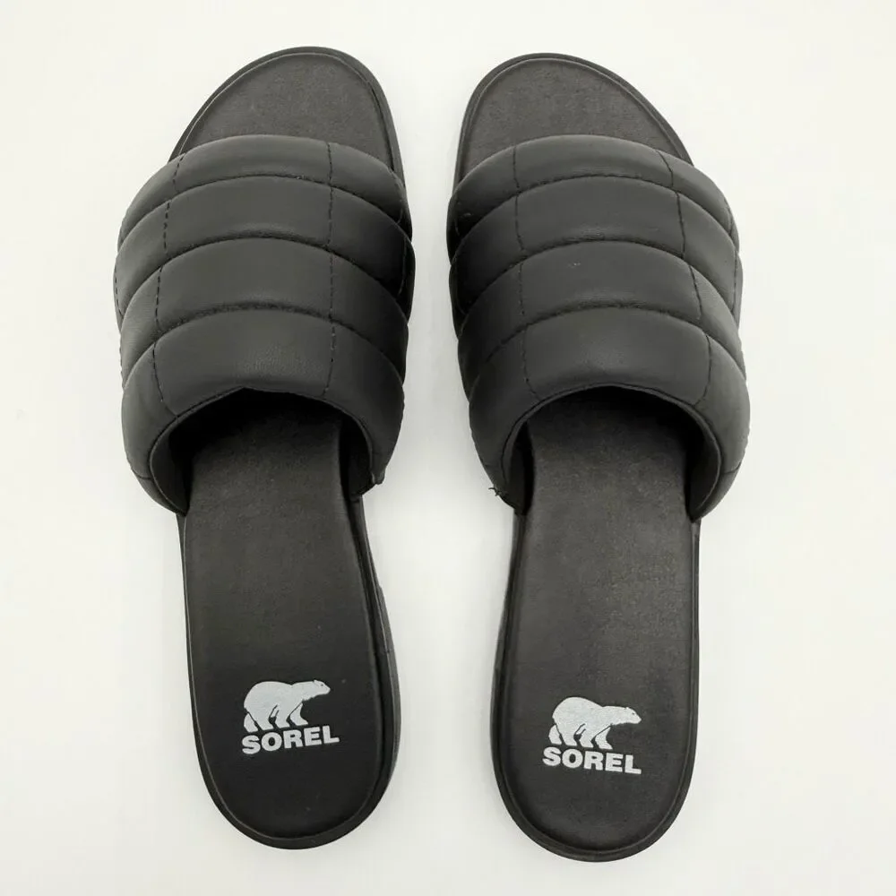 Sorel Ella III Quilted Puff Leather Black Slides - US Women’s Size 9 / EU 40 //